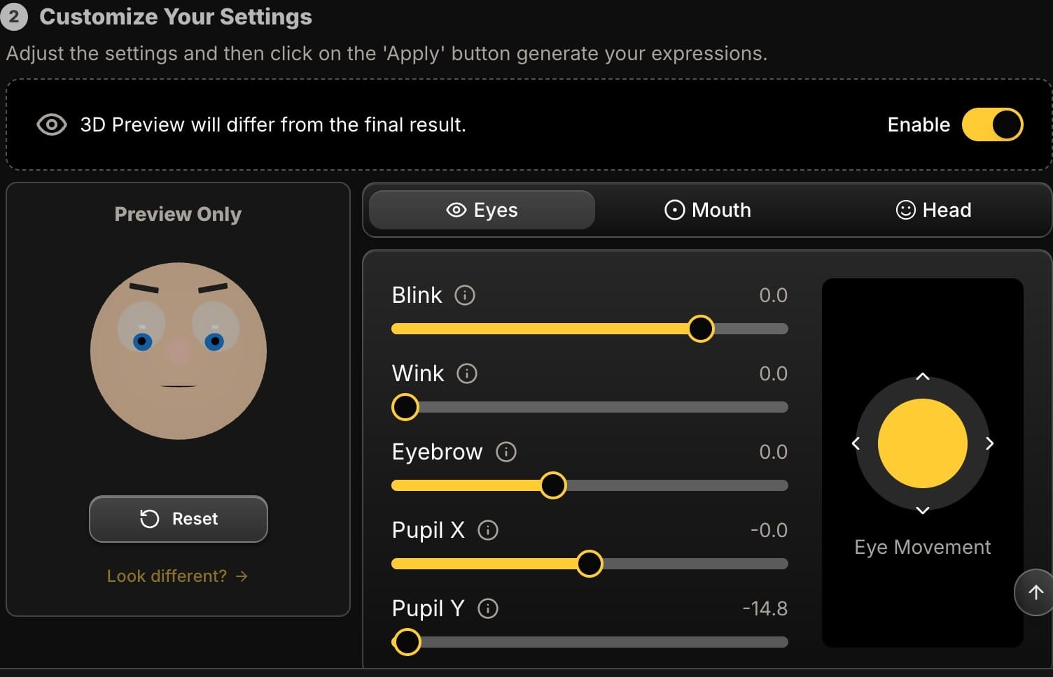 Face Edit - Eyes Tab - Down