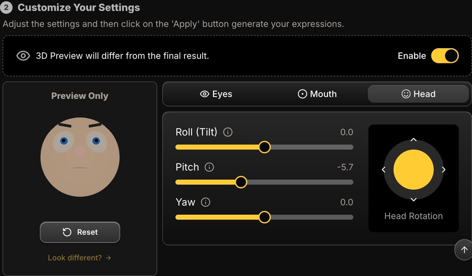 Face Edit - Head Tab - Up
